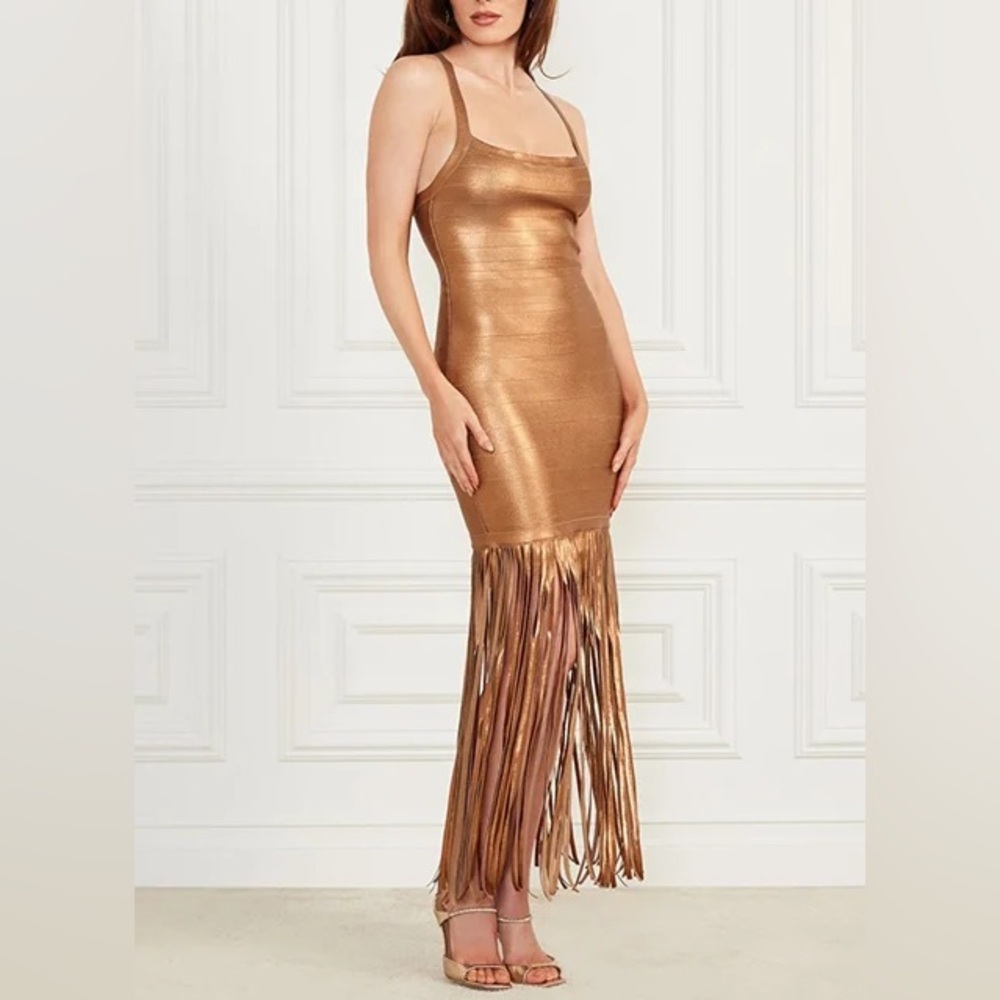 Guess by Marciano Chic Sexy Elegant Bronze Copper Gold Bandage Fringe Dress (XS) - Picture 3 of 5